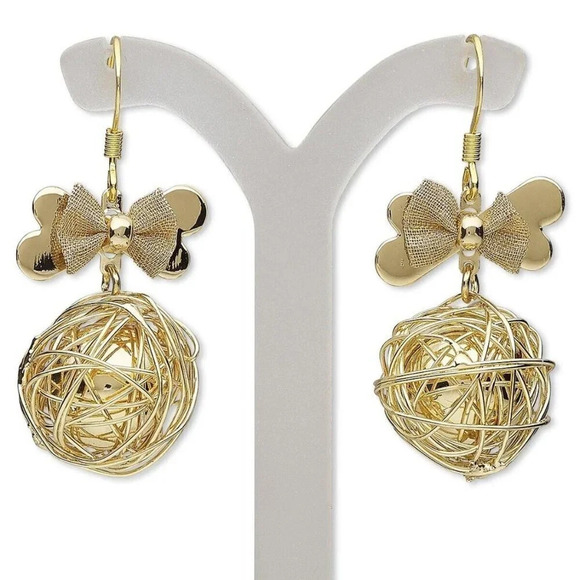 Quirky Gold Wire Jumble Ball and Mesh Bow Dangle Earrings - Picture 1 of 2